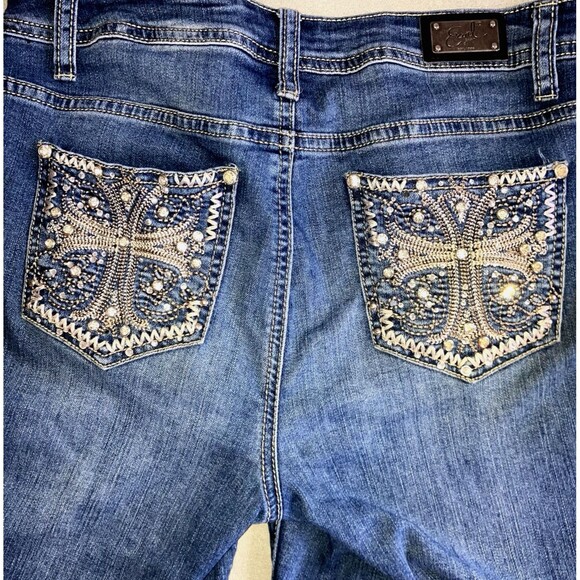 EARL JEAN  Blue Rhinestone Cotton Stretch Denim Jeans Capri Cropped Embroidered - Picture 1 of 8